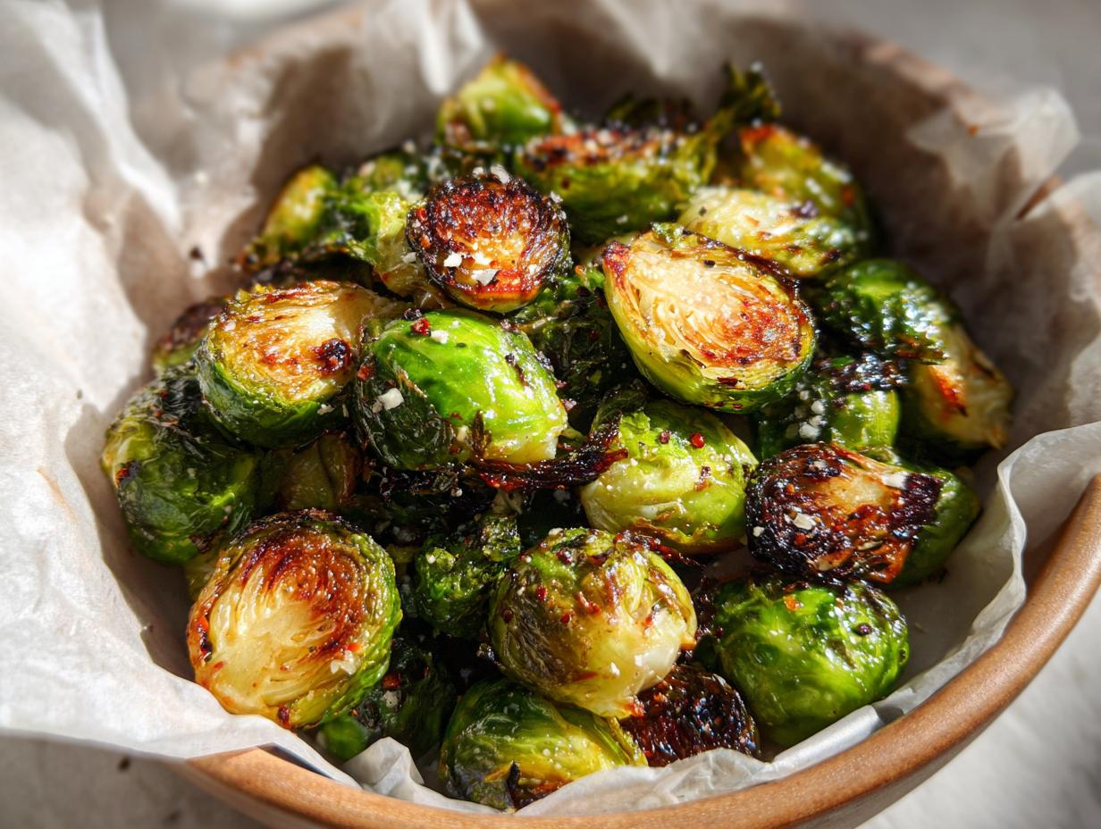 Close-up of perfectly roasted air fryer brussels sprouts, showing crisp edges and caramelized bits.