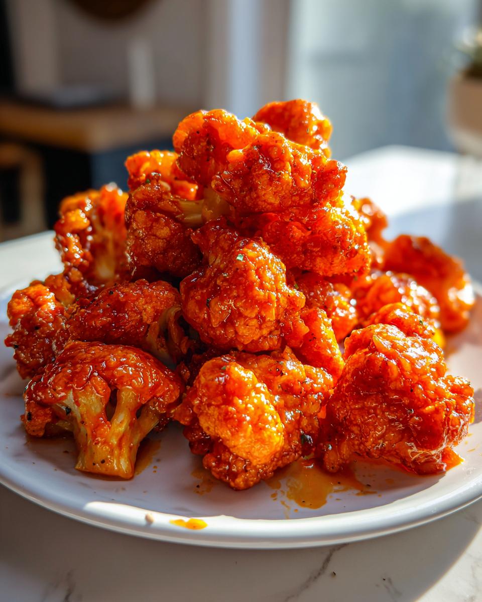 A pile of crispy Air Fryer Buffalo Cauliflower florets coated in a vibrant orange buffalo sauce.