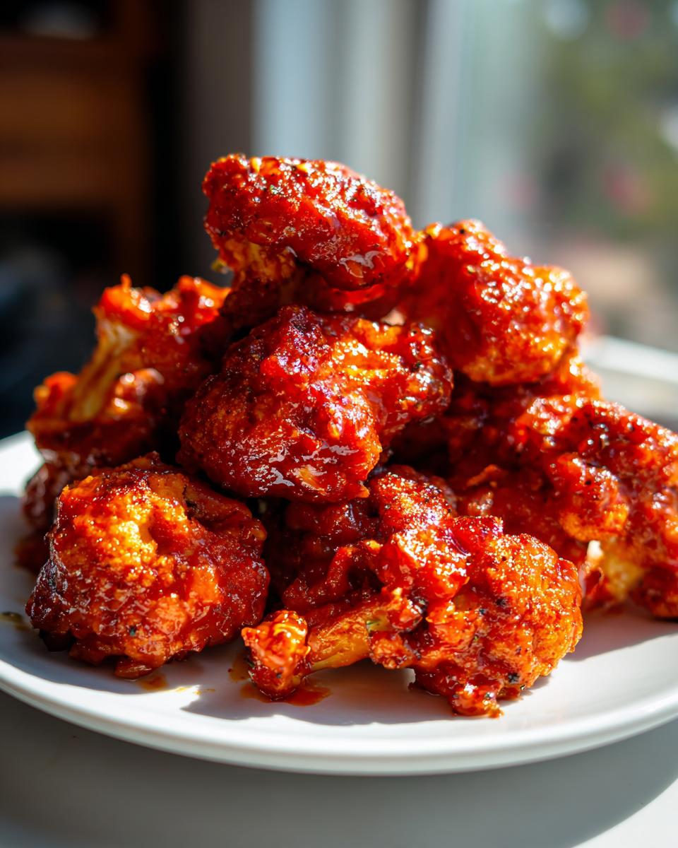 A pile of crispy Air Fryer Buffalo Cauliflower florets coated in a glossy, spicy buffalo sauce.