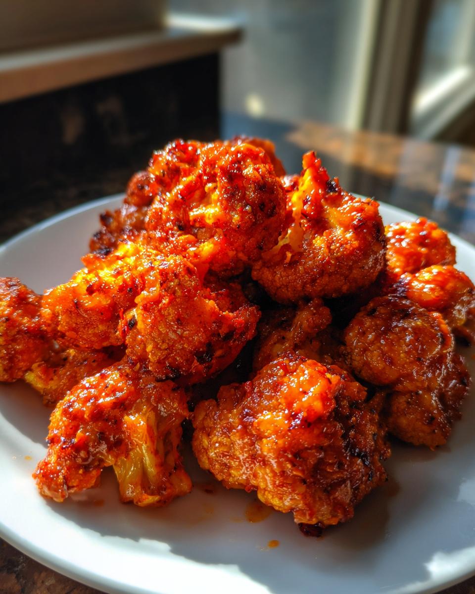 A plate of crispy Air Fryer Buffalo Cauliflower Bites coated in a vibrant orange buffalo sauce.