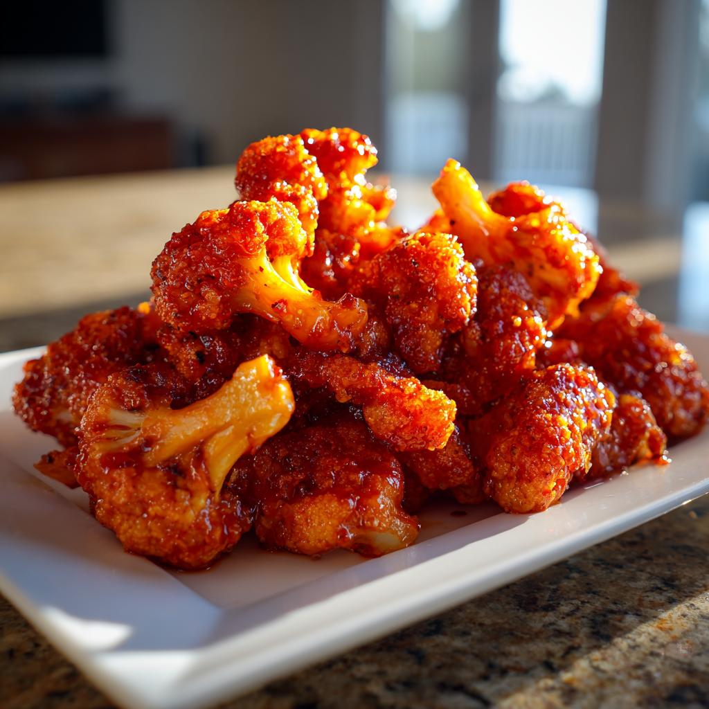 A plate piled high with crispy Air Fryer Buffalo Cauliflower florets coated in a vibrant, glossy buffalo sauce.