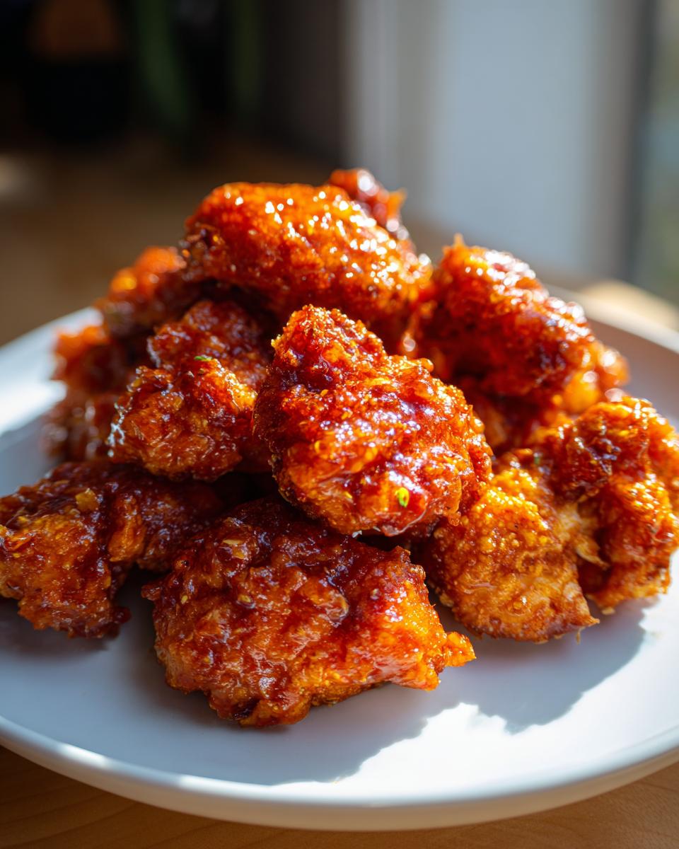 A pile of crispy, golden-brown air fryer buffalo cauliflower bites coated in a glossy, spicy sauce.