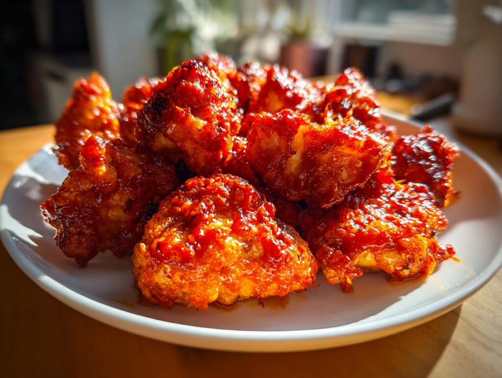 A plate piled high with crispy Air Fryer Buffalo Cauliflower bites coated in a glistening red buffalo sauce.