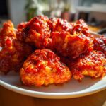 A plate piled high with crispy Air Fryer Buffalo Cauliflower bites coated in a glistening red buffalo sauce.