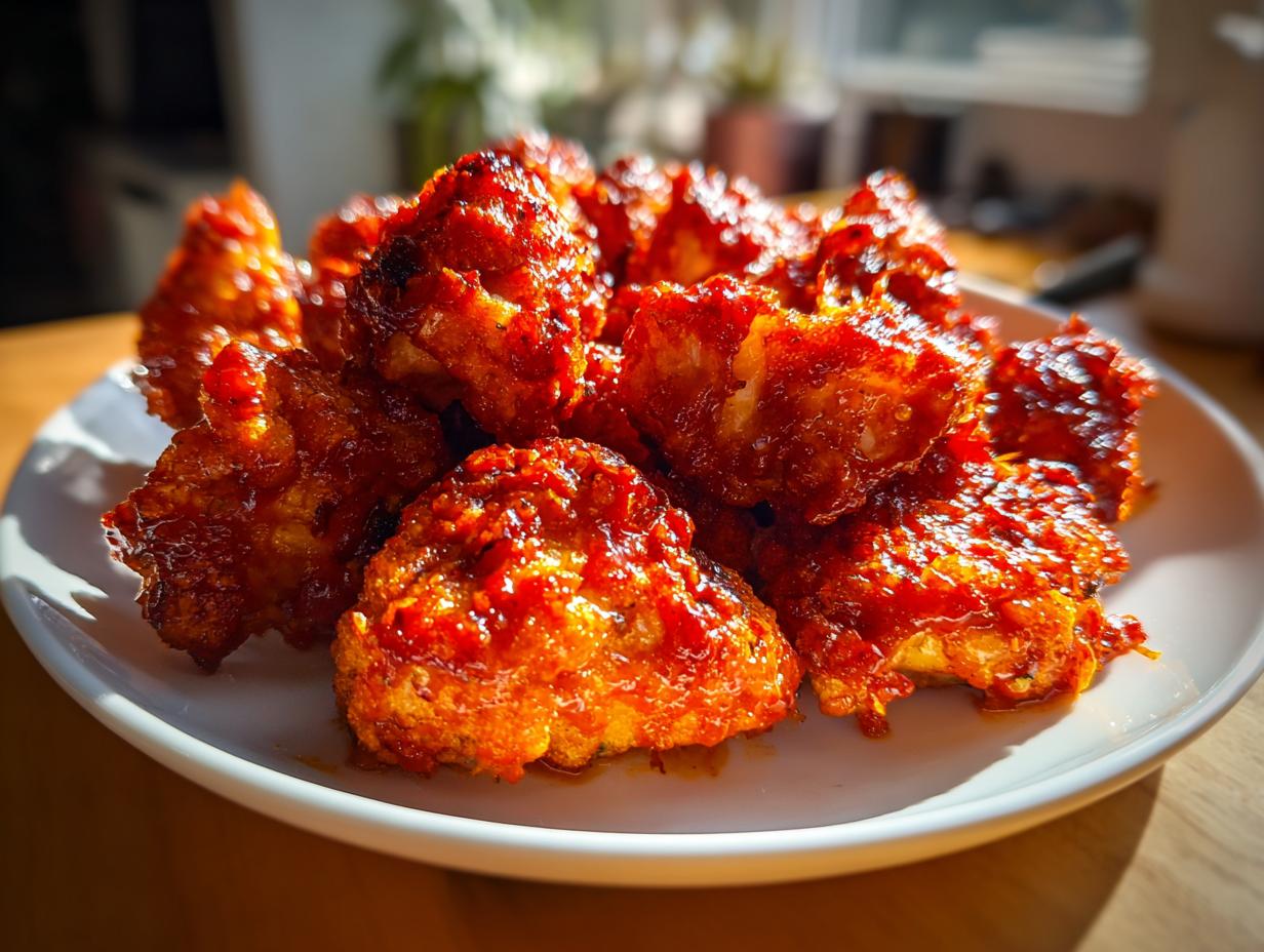 A plate piled high with crispy Air Fryer Buffalo Cauliflower bites coated in a glistening red buffalo sauce.