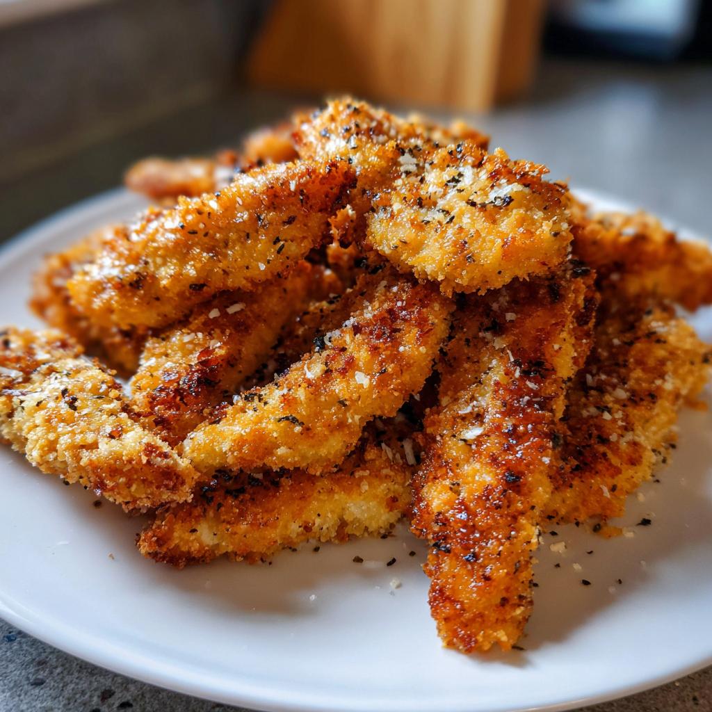 A pile of golden-brown, crispy chicken tenders seasoned with herbs and spices, made in an air fryer.