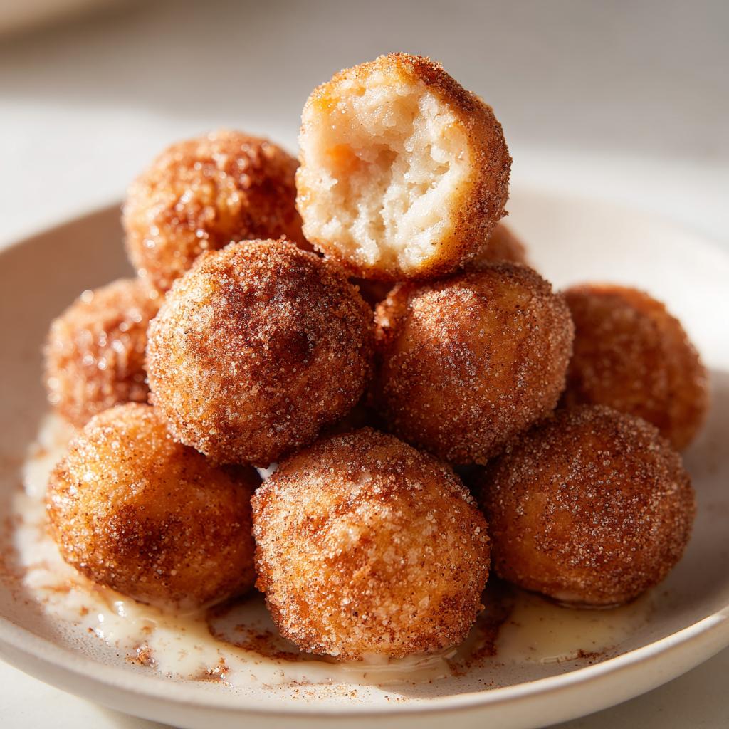 A stack of golden brown air fryer cinnamon sugar donut holes, with one bitten into, on a plate.