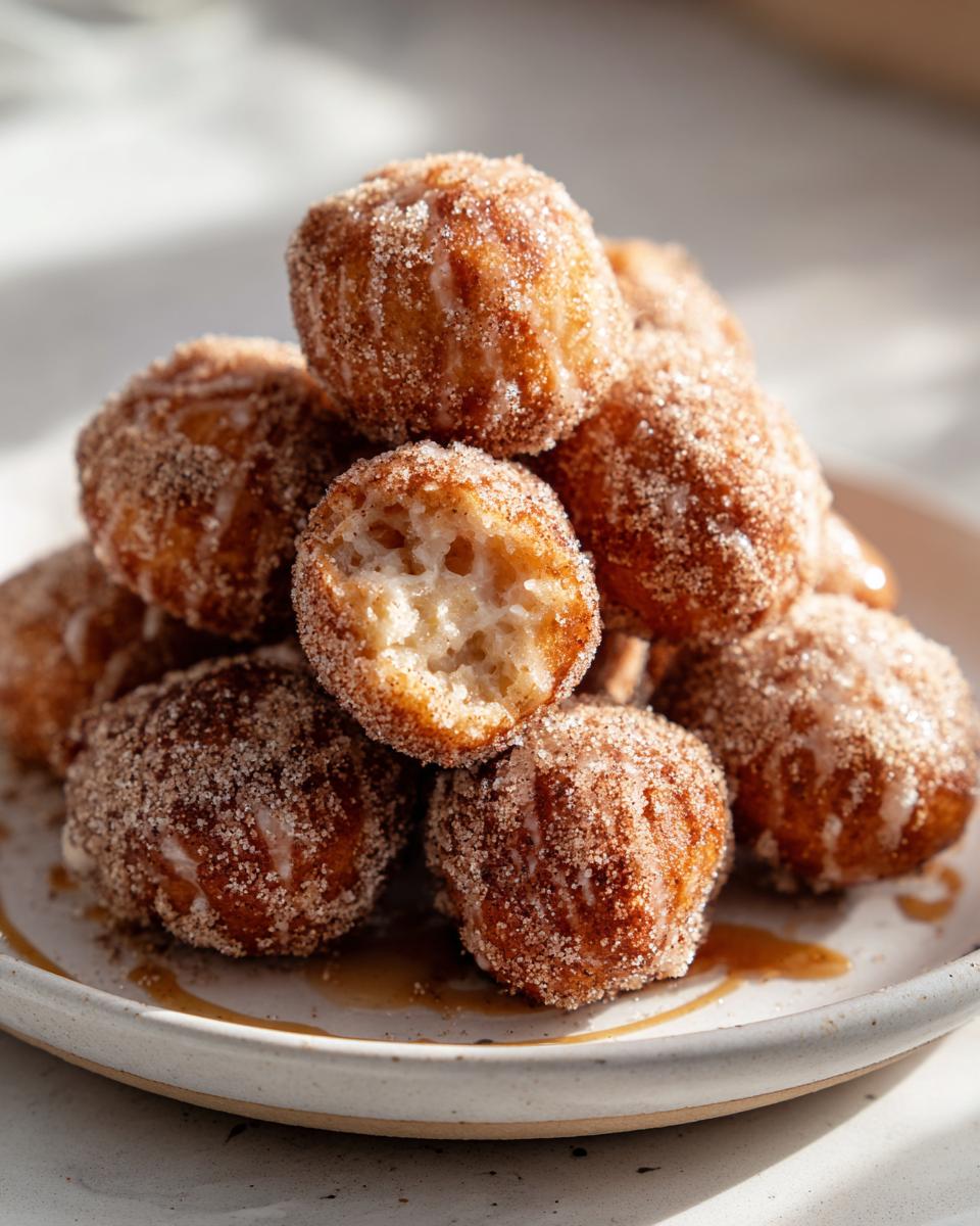 A pile of fluffy air fryer cinnamon sugar donut holes, one is broken open to reveal the soft interior.