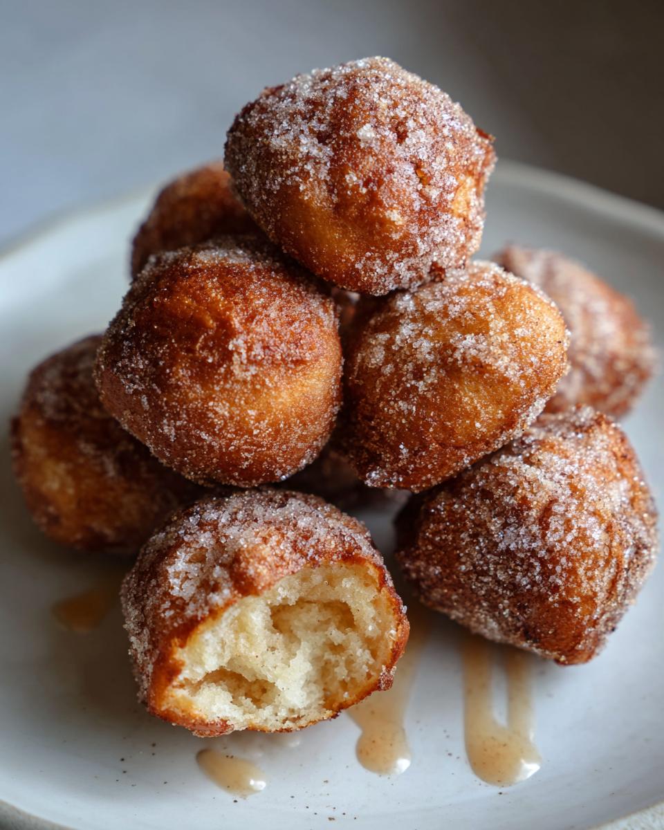 A stack of freshly made air fryer cinnamon sugar donut holes, with one bitten into, showing a fluffy interior.