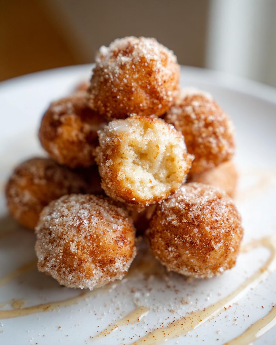 A stack of golden brown air fryer donut holes coated in cinnamon sugar, with one hole broken open.