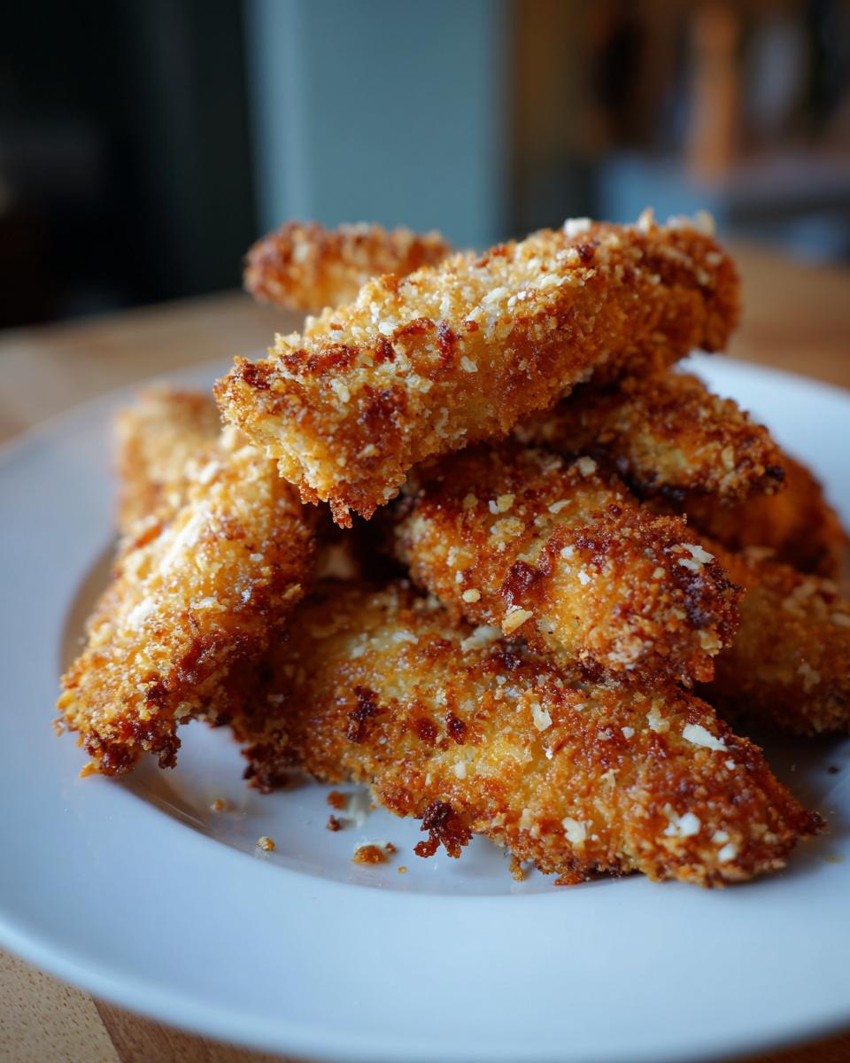 A close-up shot of a pile of golden-brown, crispy chicken tenders in an air fryer recipe.