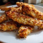 A plate of golden-brown, crispy chicken tenders made in an air fryer, perfect for an easy meal.