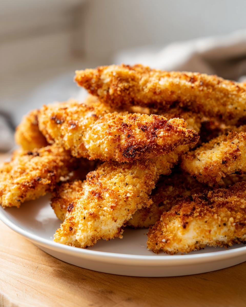 A close-up shot of a pile of golden-brown, crispy chicken tenders made in an air fryer.