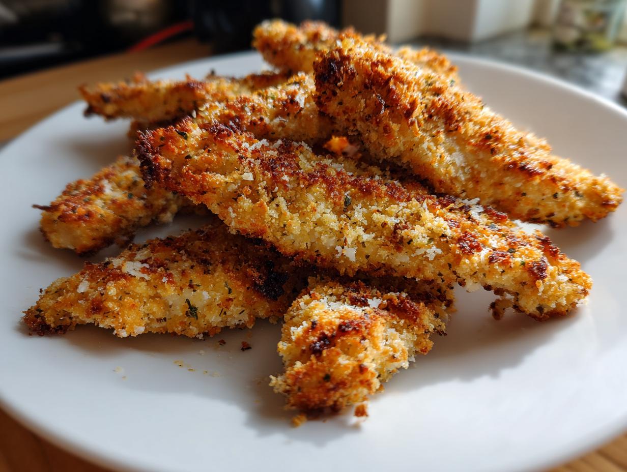 A plate of golden-brown, crispy chicken tenders made in an air fryer, perfect for an easy meal.