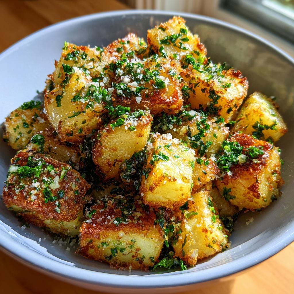 A bowl of golden-brown air fryer garlic parmesan potatoes, topped with fresh parsley and grated cheese.