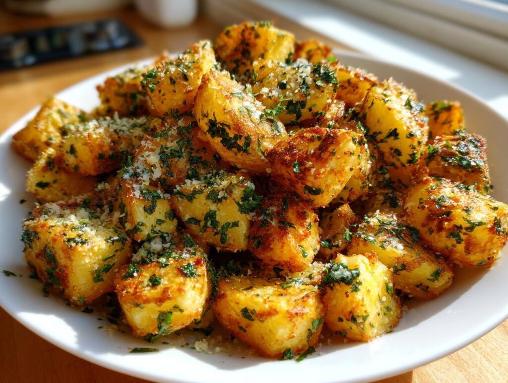 A white plate filled with golden-brown air fryer garlic parmesan potatoes, sprinkled with fresh parsley and grated cheese.