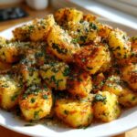 A white plate filled with golden-brown air fryer garlic parmesan potatoes, sprinkled with fresh parsley and grated cheese.