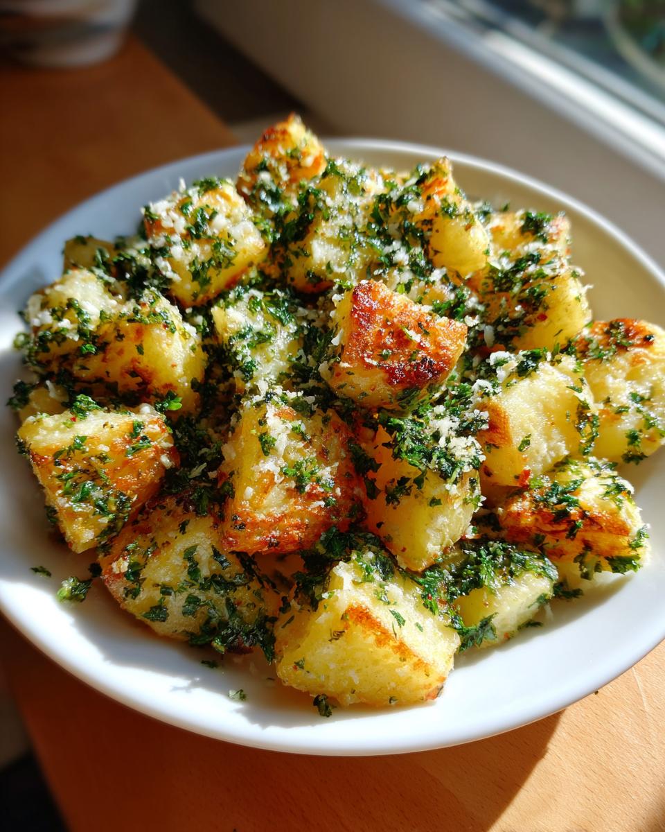 A close-up of a white bowl filled with golden-brown, crispy air fryer garlic parmesan potatoes, generously sprinkled with fresh parsley and grated parmesan cheese.