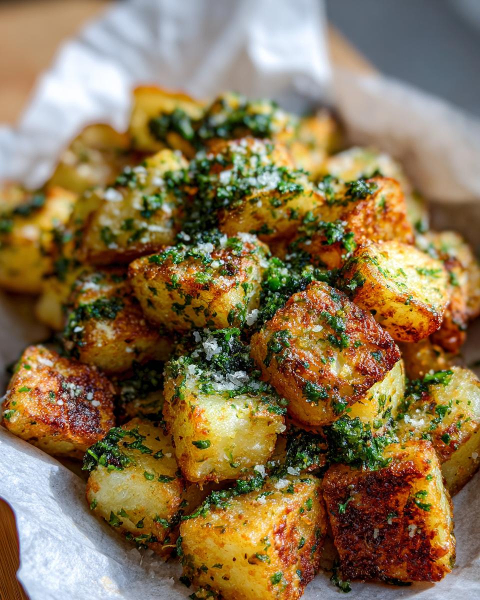 Close-up of crispy Air Fryer Garlic Parmesan Potatoes, seasoned with herbs and cheese.