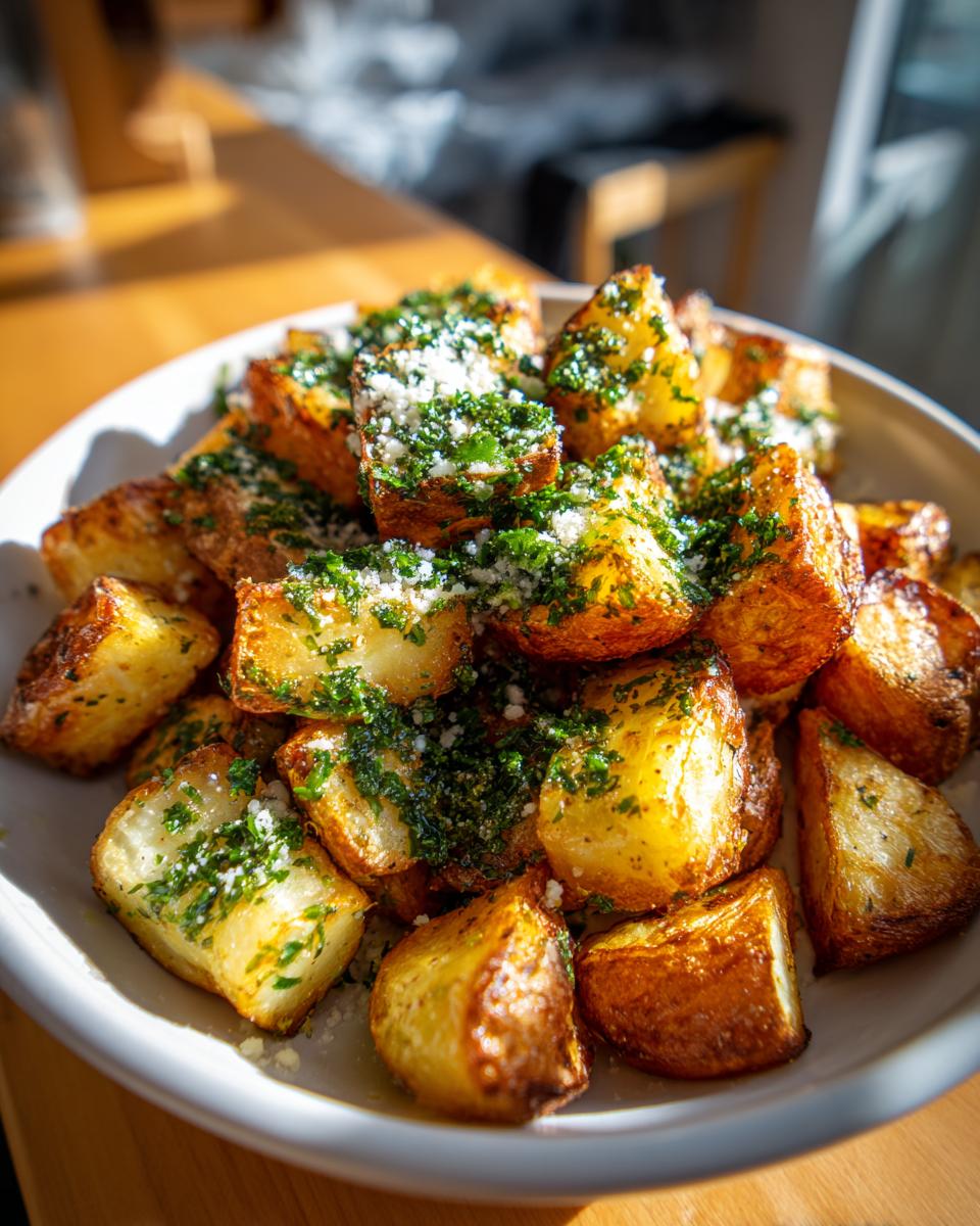 A close-up of golden-brown air fryer garlic parmesan potatoes, sprinkled with fresh parsley and grated cheese.