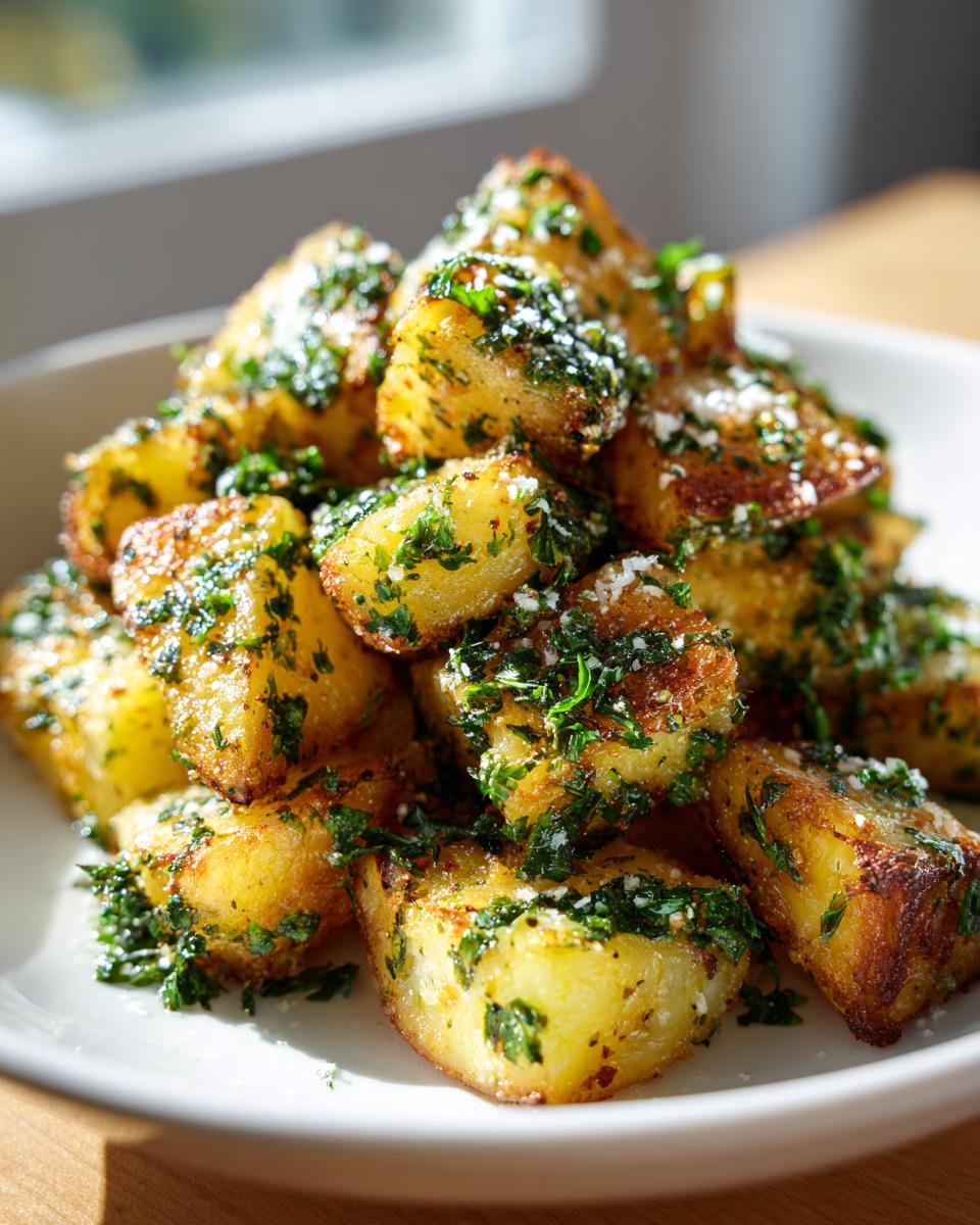 A pile of golden-brown air fryer garlic parmesan potatoes, seasoned with fresh parsley and grated cheese.