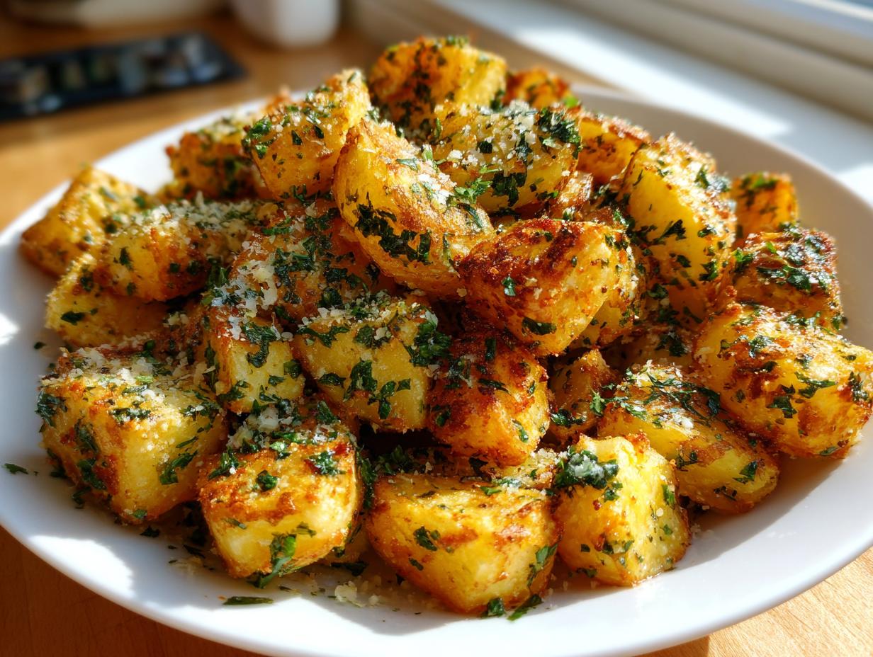 A white plate filled with golden-brown air fryer garlic parmesan potatoes, sprinkled with fresh parsley and grated cheese.