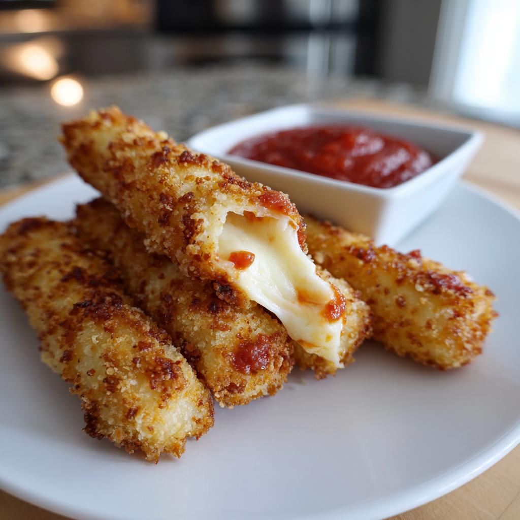 Golden brown air fryer mozzarella sticks with melted cheese oozing out, served with marinara sauce.