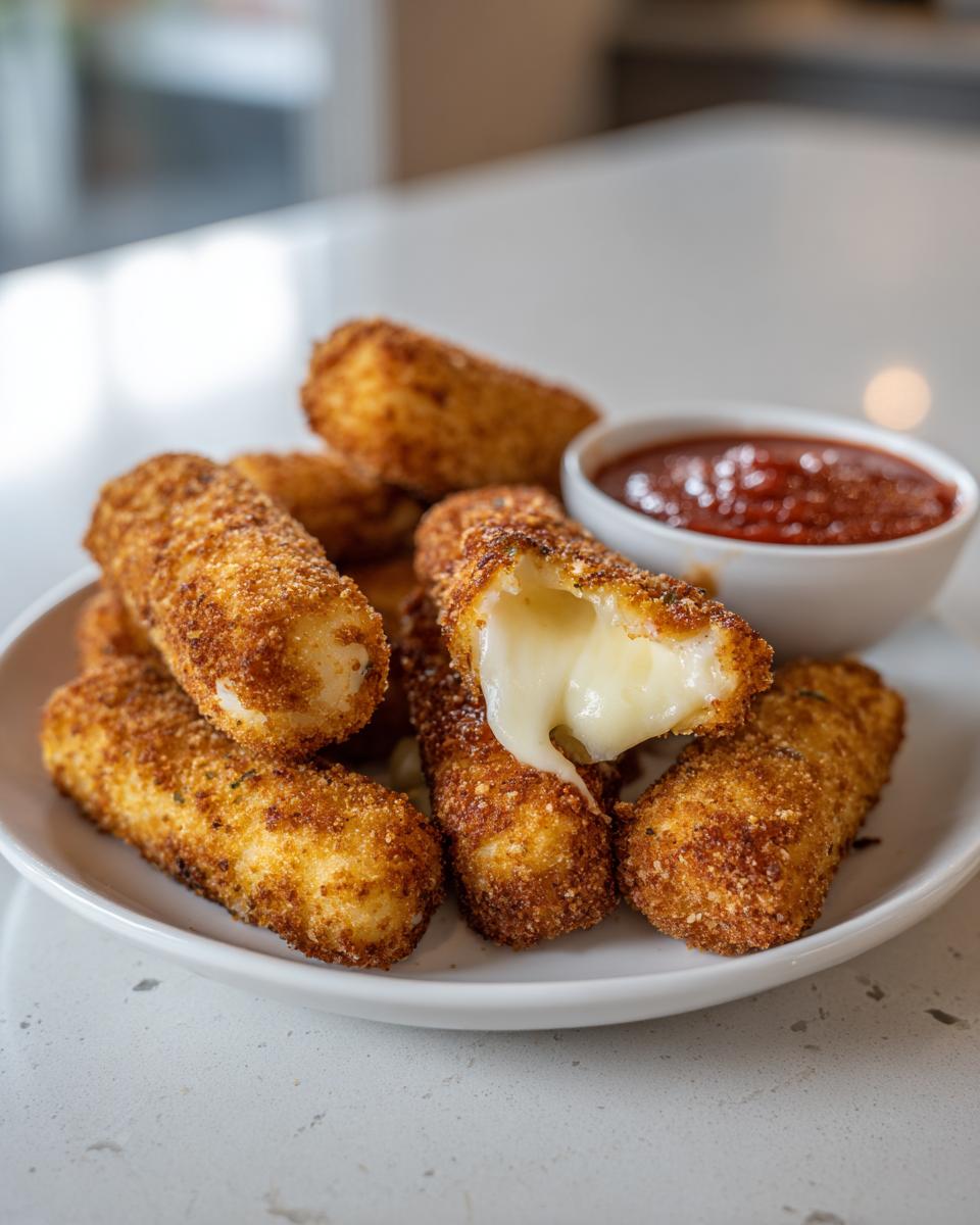 A plate of golden-brown air fryer mozzarella sticks with a side of marinara sauce. One stick is broken open, showing gooey melted cheese.