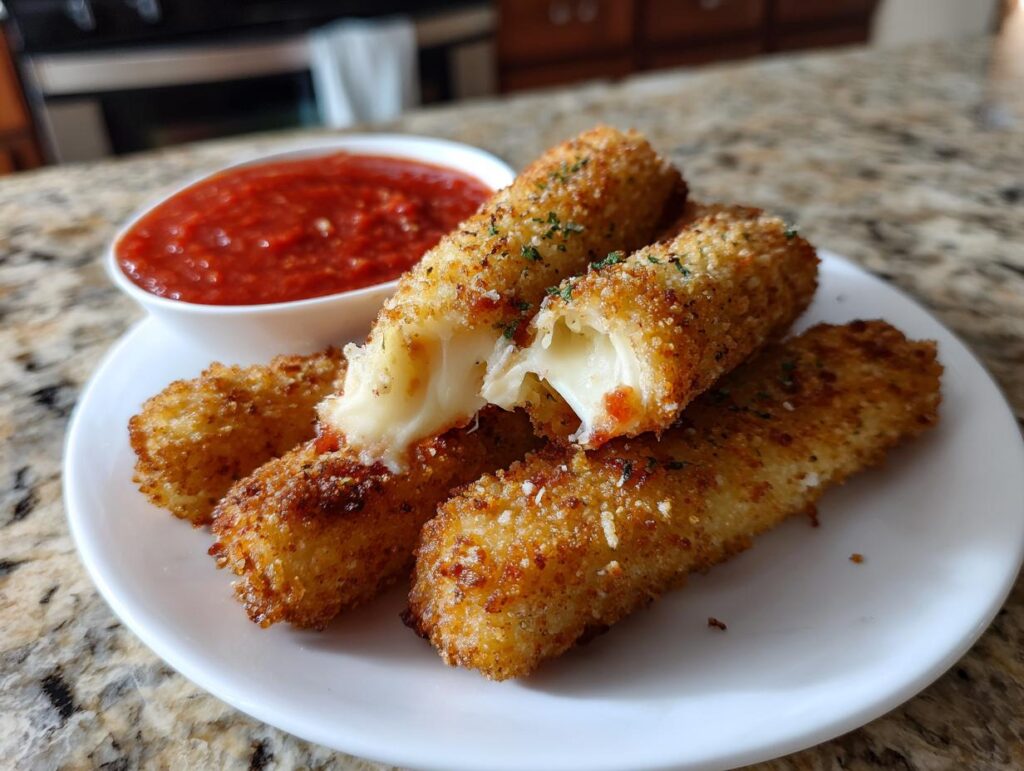 A plate of golden brown air fryer mozzarella sticks with a side of marinara sauce, one stick is broken open showing melted cheese.