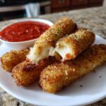 A plate of golden brown air fryer mozzarella sticks with a side of marinara sauce, one stick is broken open showing melted cheese.