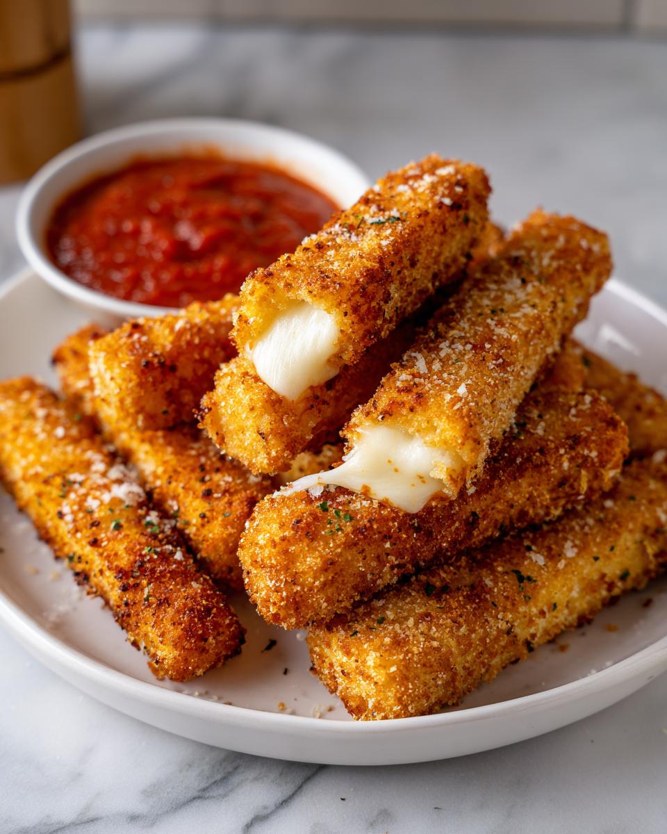 A pile of golden brown, crispy air fryer mozzarella sticks with gooey melted cheese, served with marinara sauce.