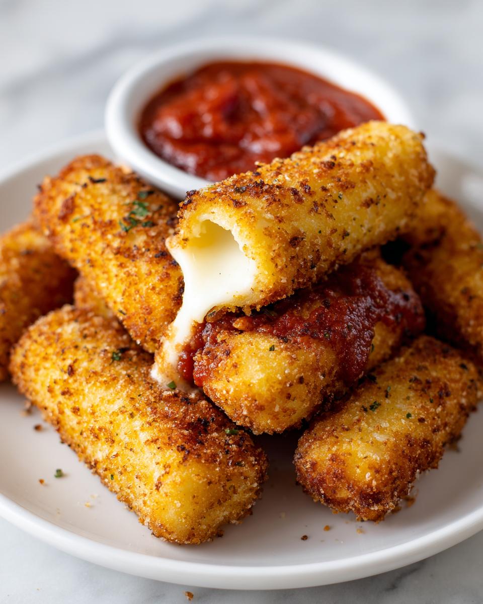 Golden brown air fryer mozzarella sticks served with marinara sauce, one stick is broken showing gooey melted cheese.