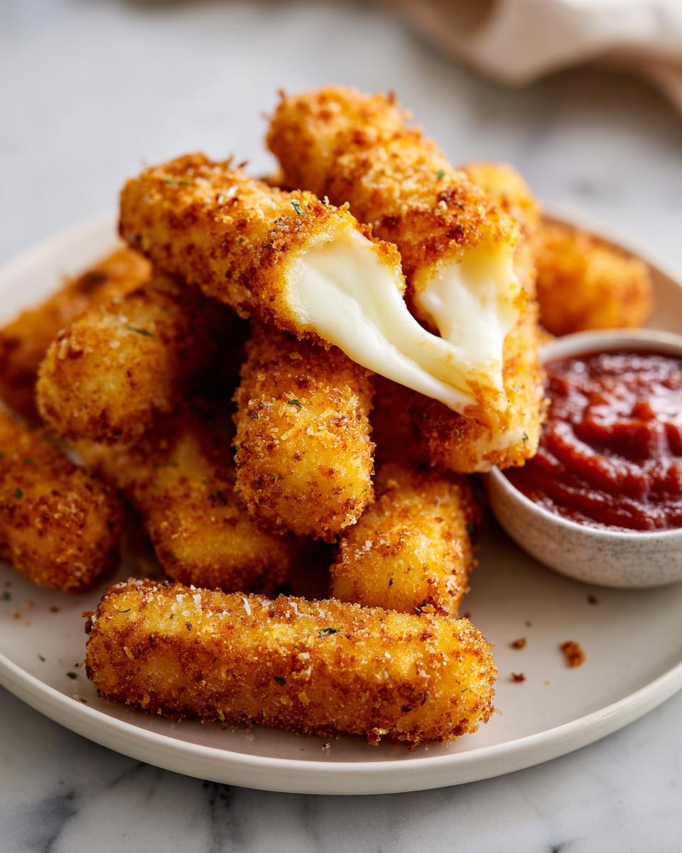 A pile of golden brown air fryer mozzarella sticks with gooey cheese pulled apart, served with marinara sauce.