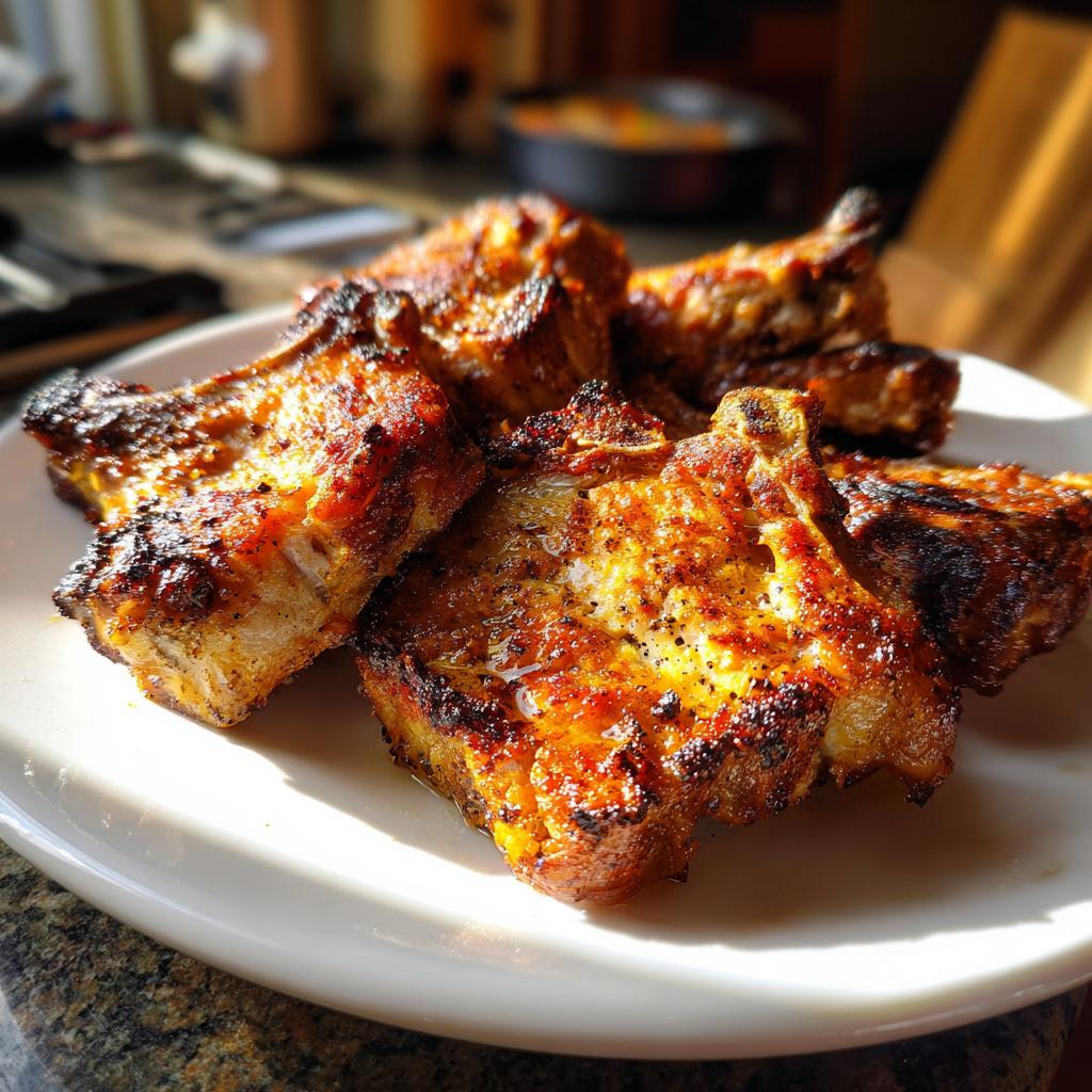 A plate of perfectly cooked, juicy air fryer pork chops with a golden-brown crust and visible seasoning.