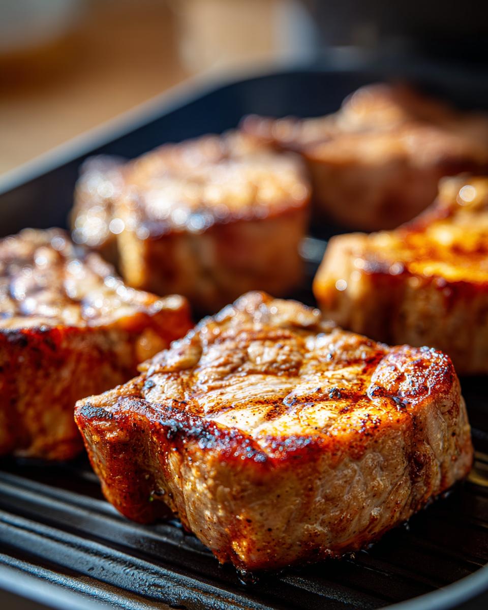 Close-up of juicy pork chops cooking in an air fryer, showing a golden-brown crust.