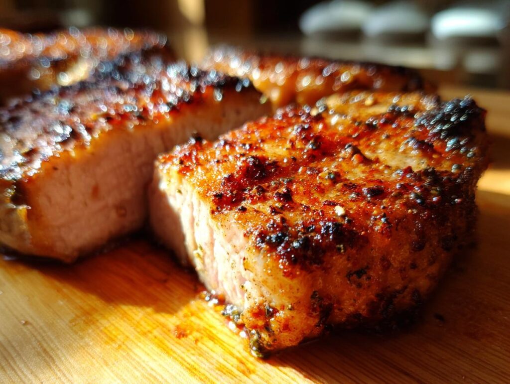 Close-up of perfectly cooked, juicy air fryer pork chops with a seasoned crust.