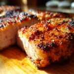 Close-up of perfectly cooked, juicy air fryer pork chops with a seasoned crust.