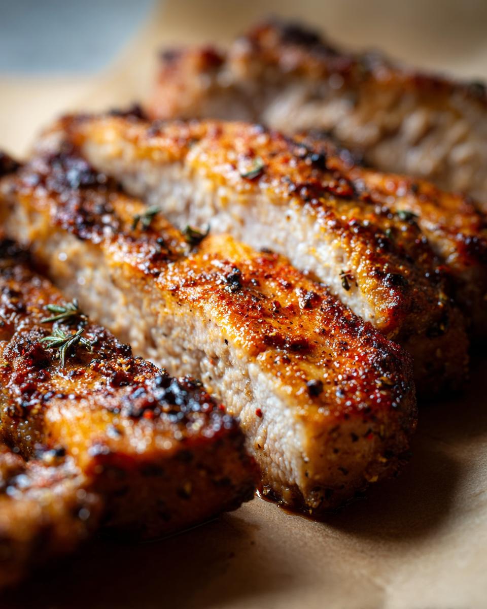 Close-up of perfectly cooked, juicy air fryer pork chops with a seasoned crust.