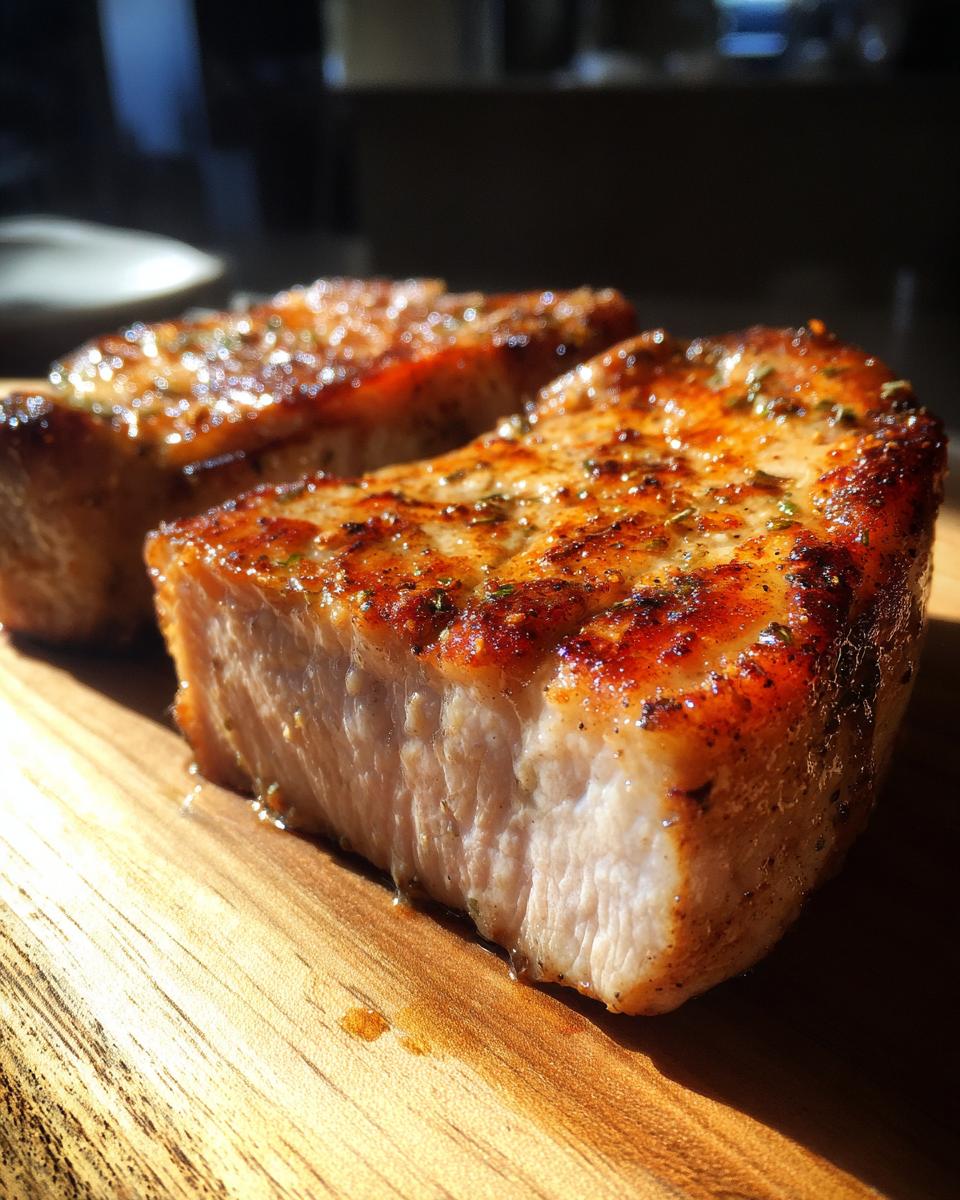 Close-up of two perfectly cooked, juicy pork chops seasoned with herbs, ready to be served.