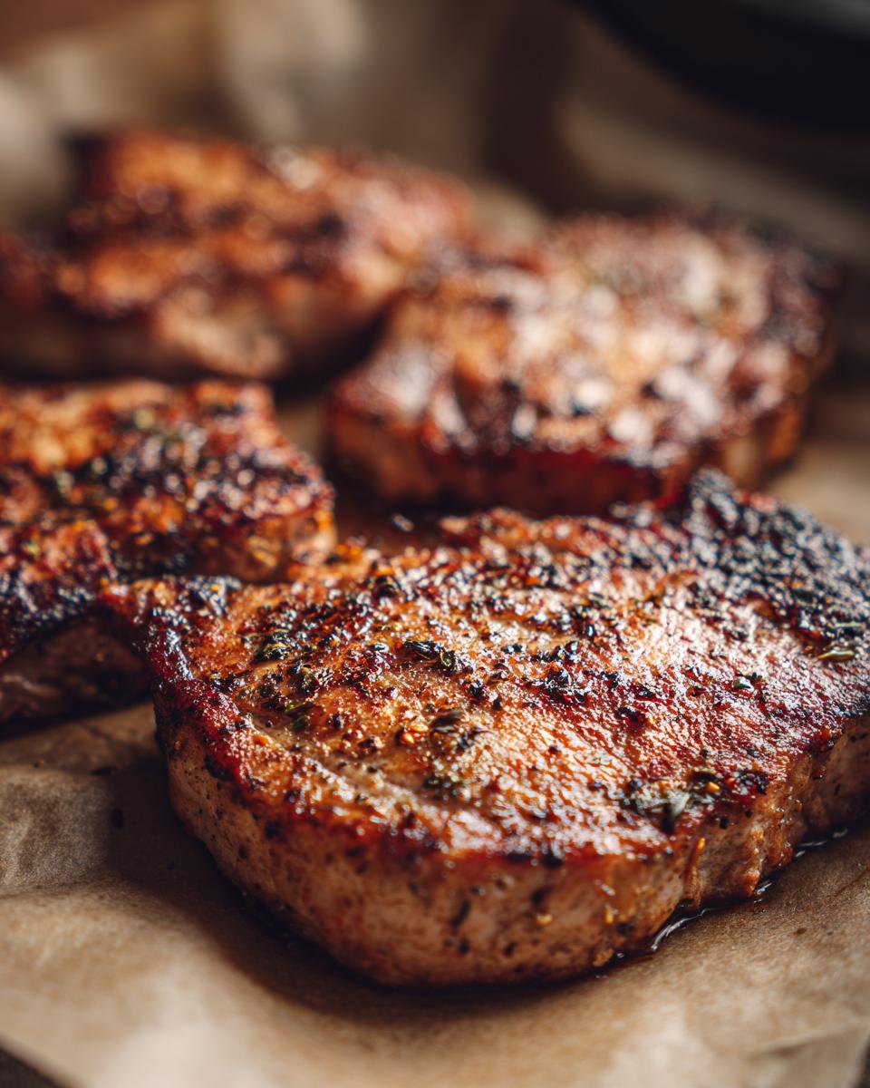 Close-up of juicy pork chops seasoned and cooked in an air fryer, ready to serve.