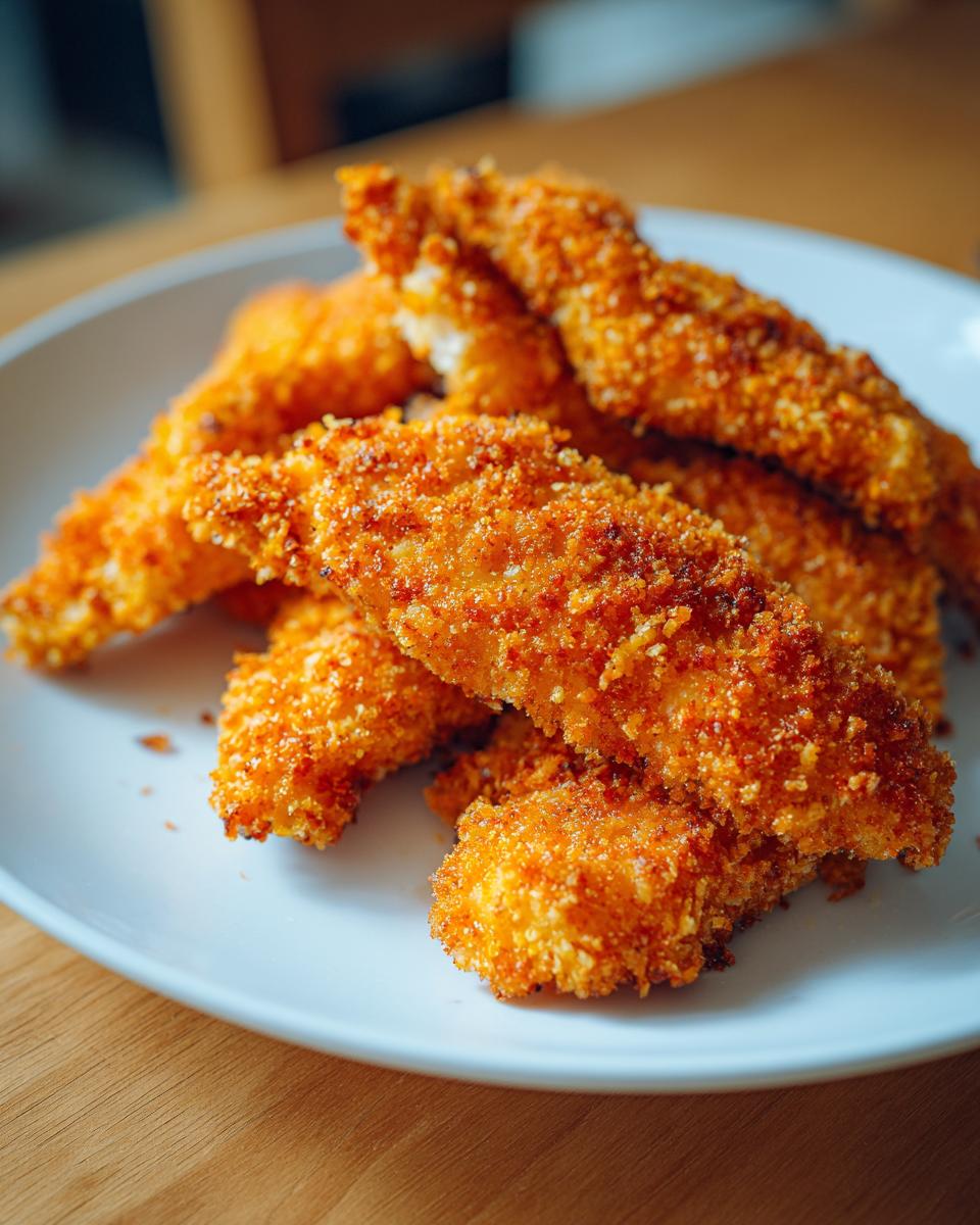 Close-up of golden-brown, crispy chicken tenders piled on a white plate, perfect for air fryer recipes.
