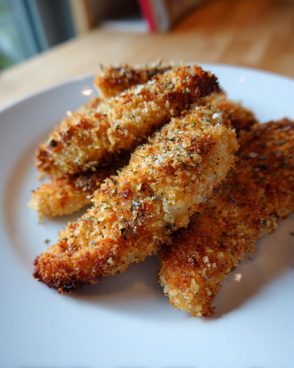 A pile of golden-brown, crispy chicken tenders coated in breadcrumbs and herbs, ready to be served.