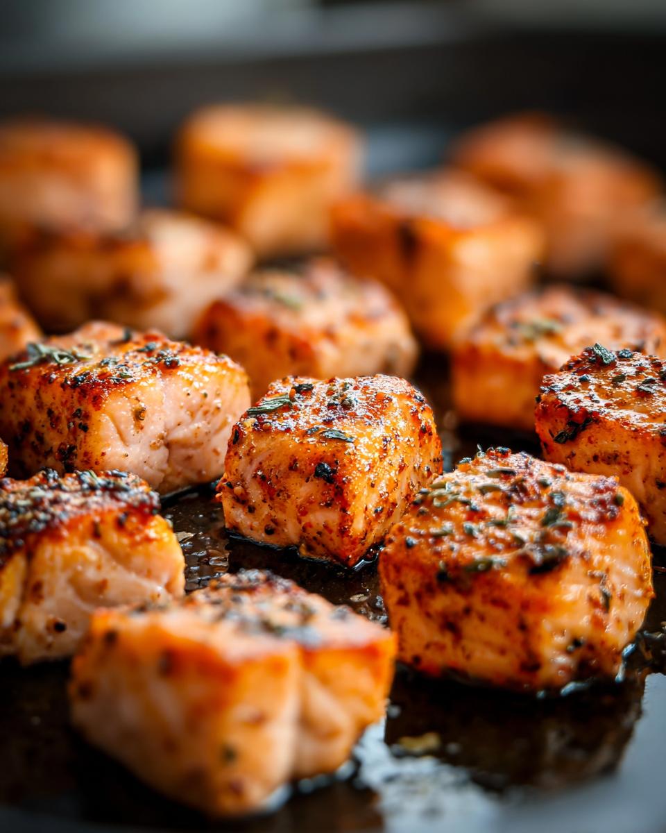Close-up of perfectly cooked air fryer salmon bites seasoned with herbs and spices, ready for a fast protein dinner.