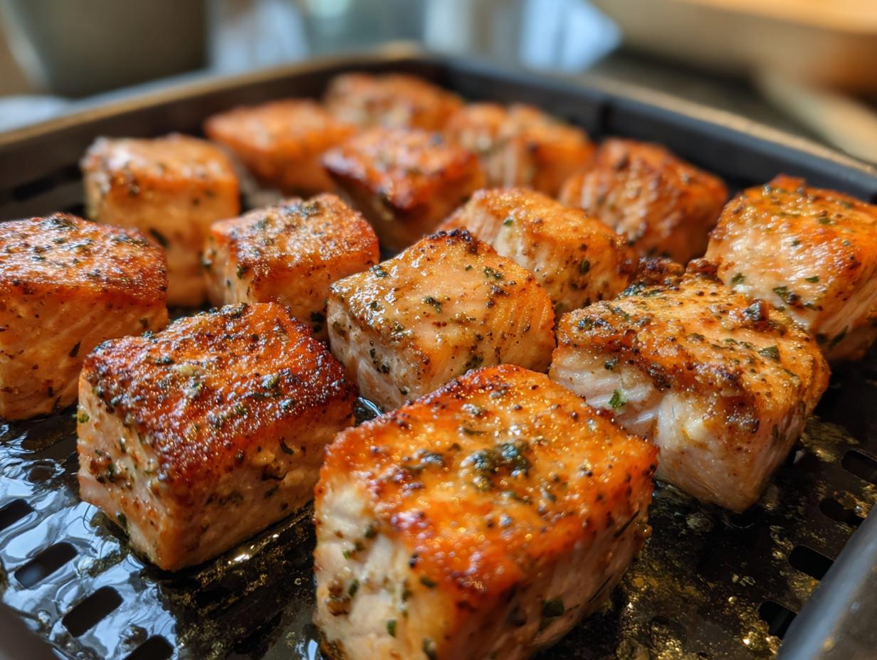 Close-up of perfectly cooked air fryer salmon bites seasoned with herbs, ready for a fast protein dinner.