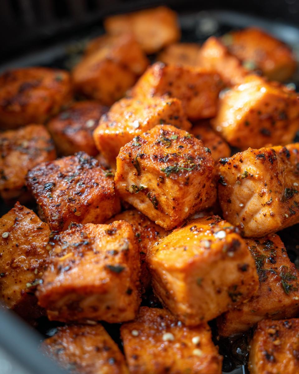 Close-up of perfectly cooked salmon bites seasoned with herbs and spices in an air fryer.