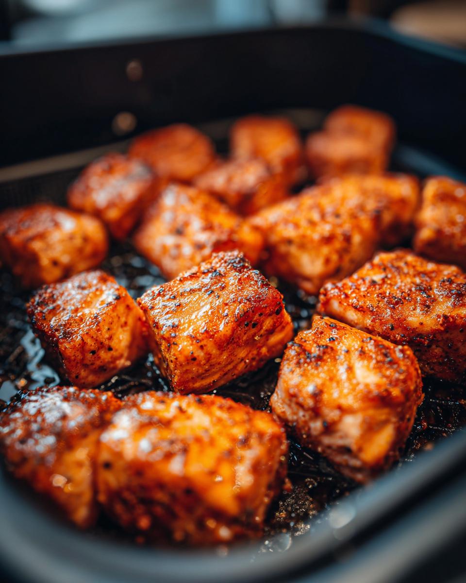 Close-up of seasoned air fryer salmon bites cooking in an air fryer basket, perfect for fast protein dinners.