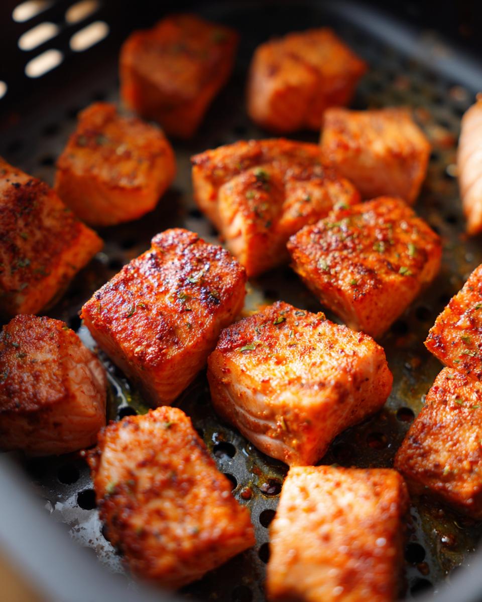 Close-up of seasoned air fryer salmon bites, ready for a fast protein dinner.