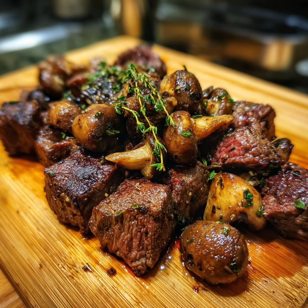 Juicy air fryer steak bites and mushrooms seasoned and garnished with fresh herbs on a wooden board.