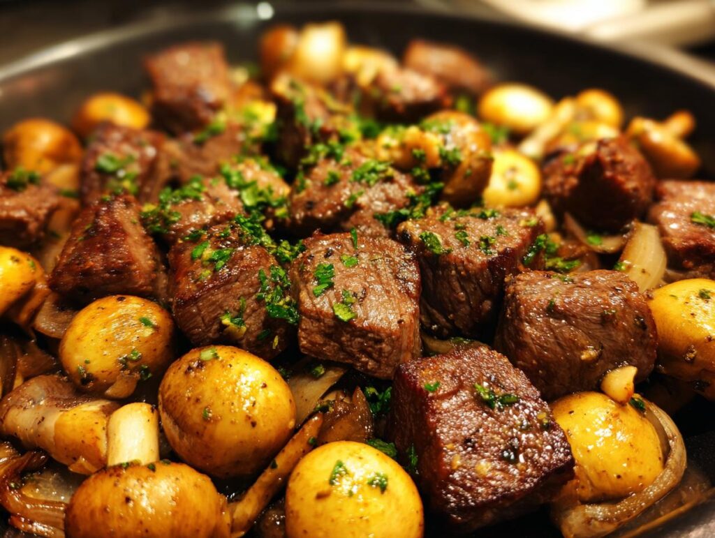 Close-up of juicy air fryer steak bites and golden mushrooms, seasoned and garnished with fresh parsley.