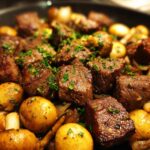 Close-up of juicy air fryer steak bites and golden mushrooms, seasoned and garnished with fresh parsley.